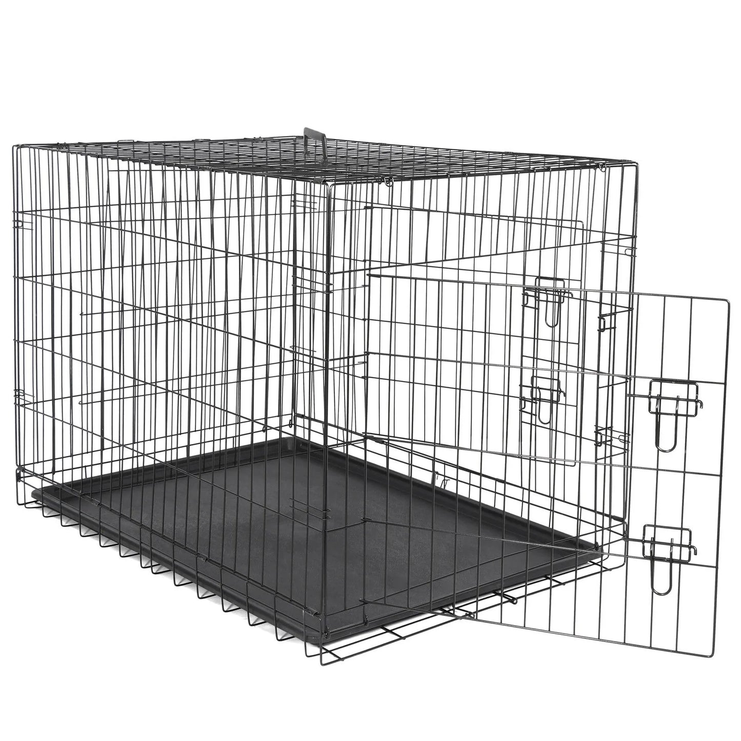 US42 inch dog box folding metal pet cage dog kennel double door with tray tray plate black-