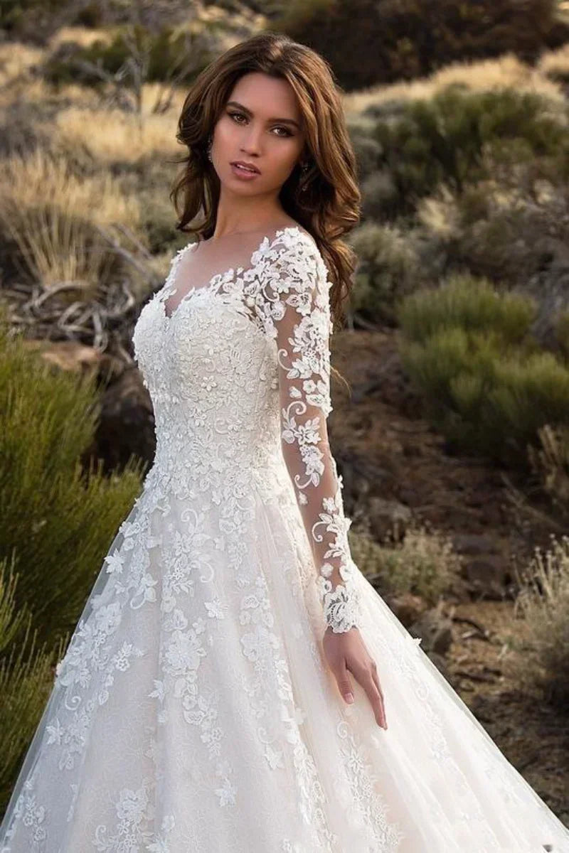 2024 Elegant High Waist Wedding Dress Women Clothing Pure White Long Sleeves Women's Solid Color Print Ball Gown