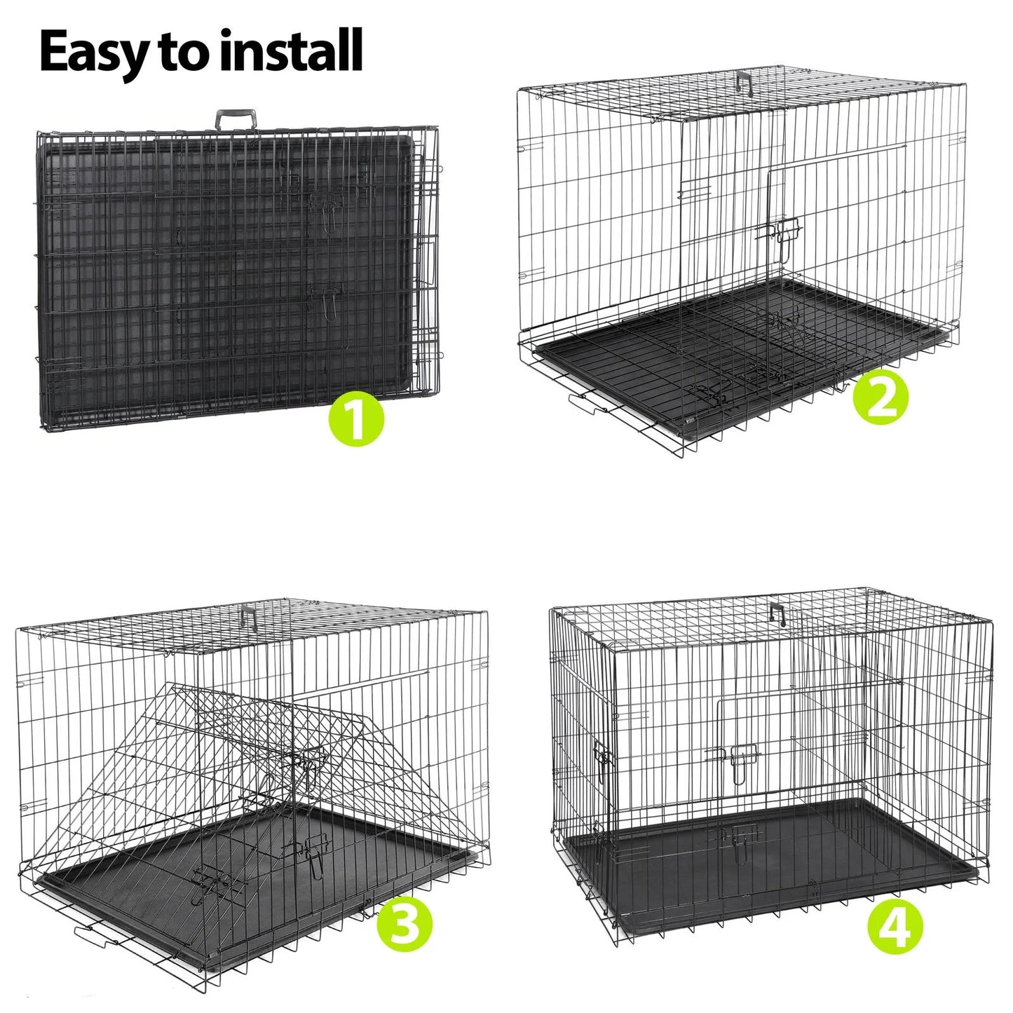 US42 inch dog box folding metal pet cage dog kennel double door with tray tray plate black-