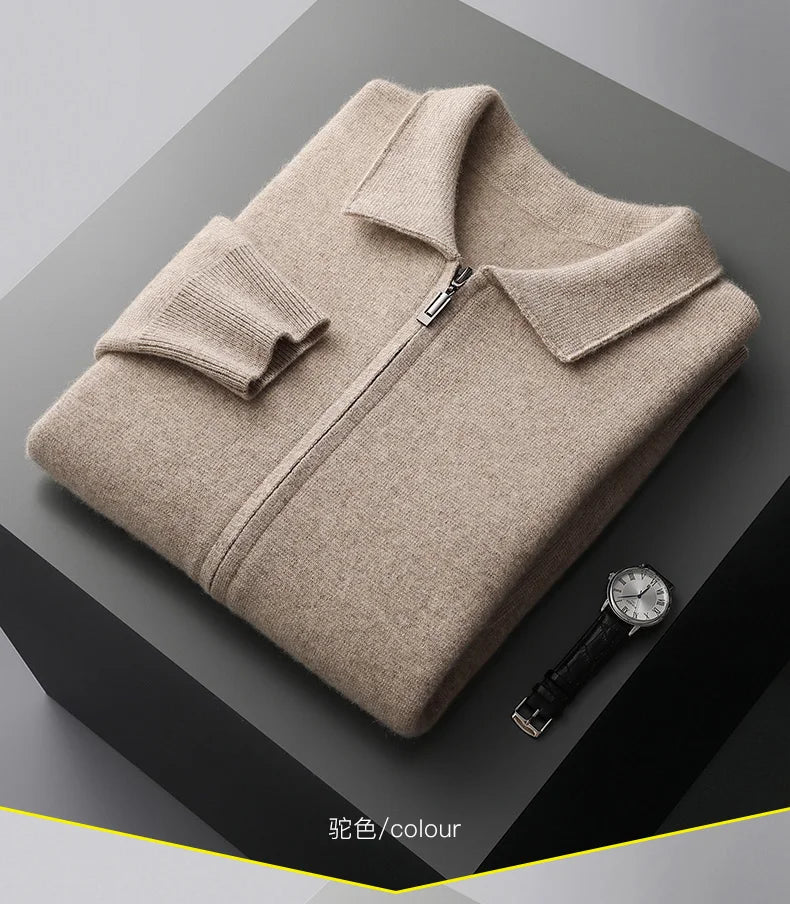 Luxury Autumn Winter Men Cashmere Sweater Thick Warm Zipper Cardigan 100% Merino Wool Knitwear Polo Collar Top Smart Casual Coat