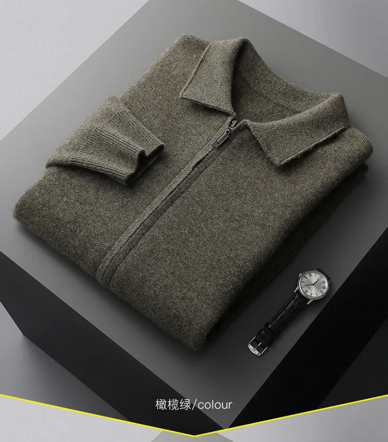 Luxury Autumn Winter Men Cashmere Sweater Thick Warm Zipper Cardigan 100% Merino Wool Knitwear Polo Collar Top Smart Casual Coat