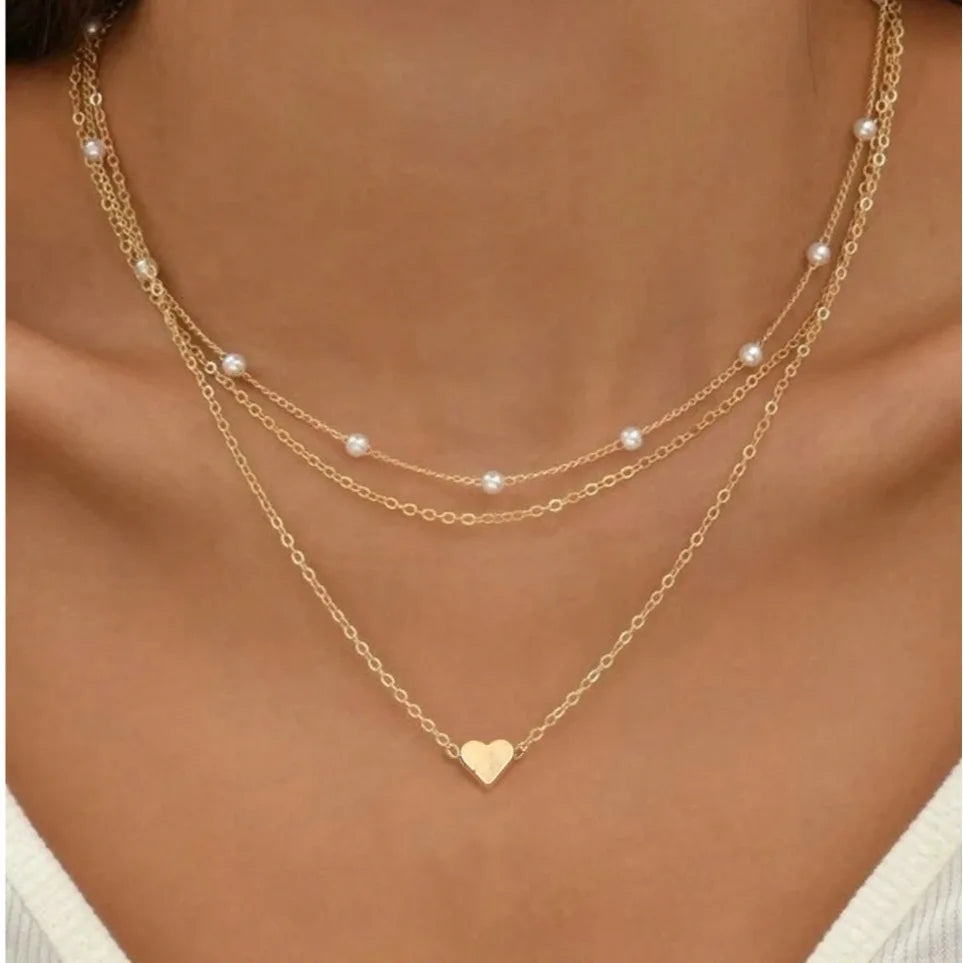 FTCY 3pcs Women's Pearl Necklace Set 14K Gold Fashion Love Heart Pendant Waterproof Hypoallergenic Collarbone Neck Chain Jewelry