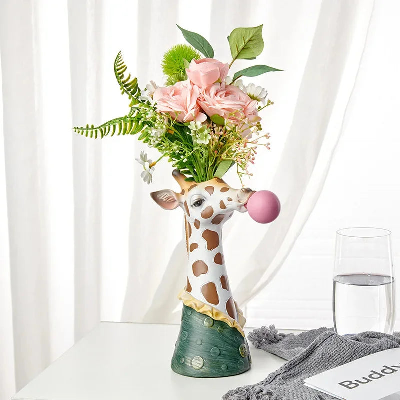 Dried Flower Vase Living Room Table Art Home Decor FlowerPot Hand Painting Giraffe Zebra Panda Creative Modern Animal Resin Vase