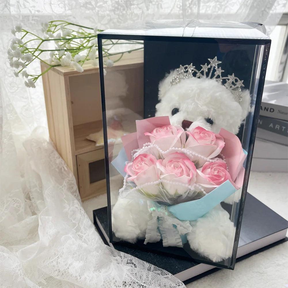 1pcs Plush Bear Rose Flower Bouquet Gift Box Luxury Artificial Soap Flowers Wedding Birthday Christmas New Year Party Decor Prop