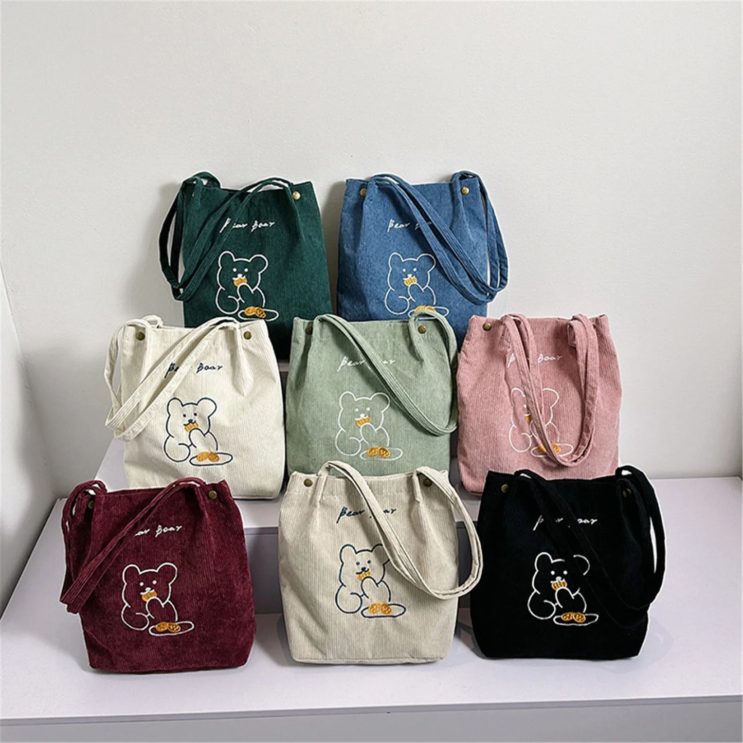 Women Corduroy Shoulder Bags Bear Pattern Ladies Casual Handbag Reusable Large Capacity Tote Bags Casual Female Shopping Bags