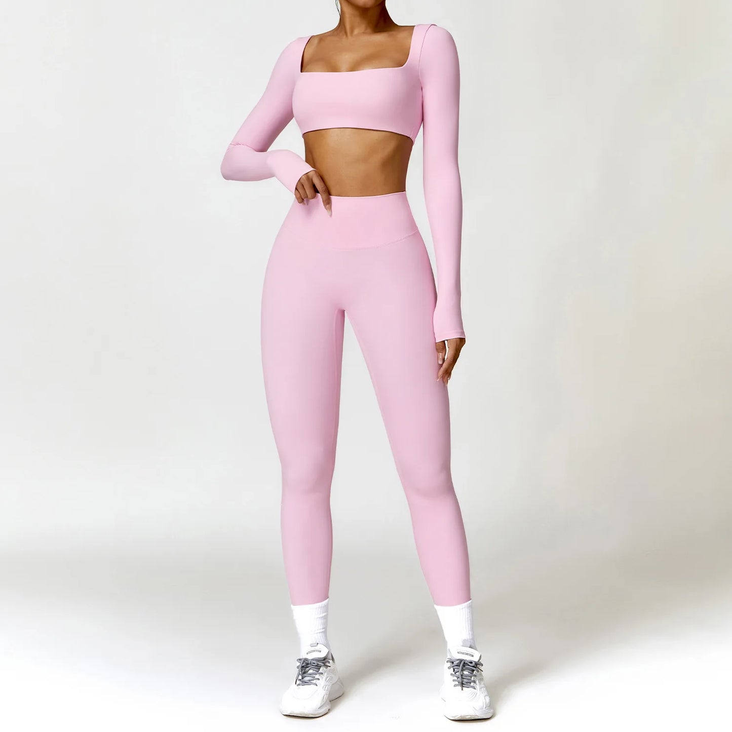 Yoga Set Women Naked Feel Fitness Sportswear 2 Piece Sports Bra High Waist Gym Leggings Long-Sleeved Workout Outfit Active Wear