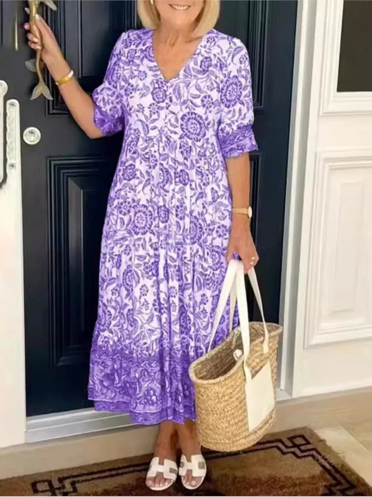 Summer Casual Floral Print Long Dress For Women V Neck Three-quarter Sleeve Elegant Party Dresses Female Boho Holiday Clothing