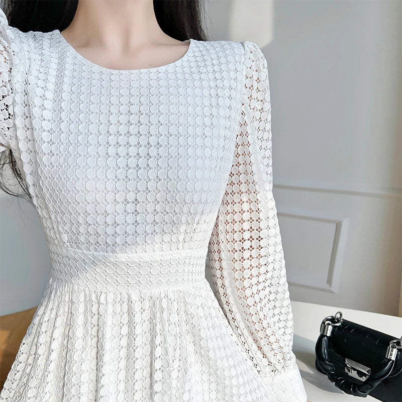 Lace Long Sleeves White Midi Dresses for Women 2023 New Autumn French Elegant Fashion Evening Wedding Party Robe Female Clothing