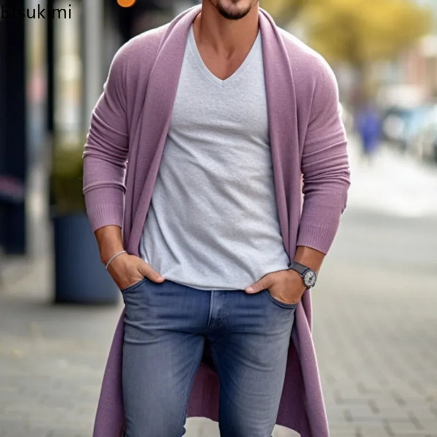 2024 Men's Thin Knitted Sweater Cardigans Solid High Quality Soft Long Woolen Coat Jacket for Men Spring Autumn Knitted Jacket