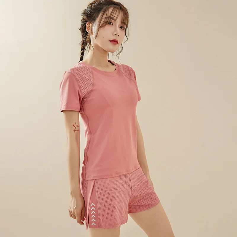 Summer Sport Set Short Sleeve Loose Tee Top High Waist Shorts Suit Leisure Women Gym Fitness Athletic Running Yoga Tracksuits