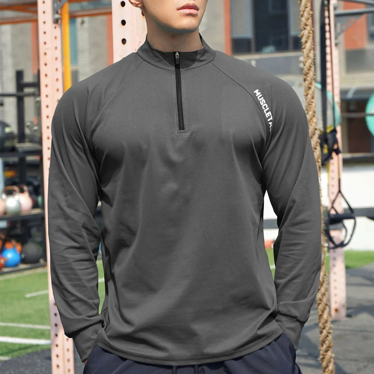 Spring Autumn Running Sport T-shirt Men Long Sleeves Shirt Zipper Tees Tops Gym Fitness Sportswear Male Black Training Clothing