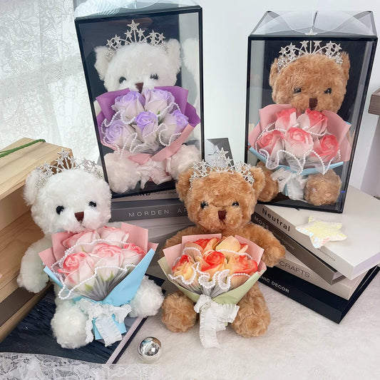 1pcs Plush Bear Rose Flower Bouquet Gift Box Luxury Artificial Soap Flowers Wedding Birthday Christmas New Year Party Decor Prop