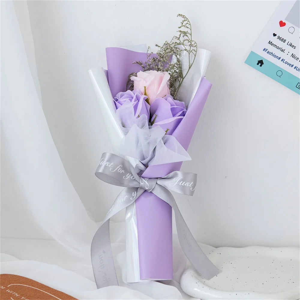 Artificial Soap Flower Rose Bouquet Gift Bags Valentine'S Day Birthday Gift Wedding Home Decor 3 Heads Rose Soap Bouquet Gift