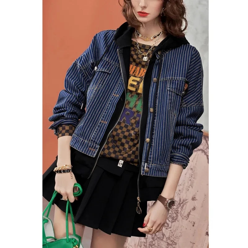 European Denim Jacket Women Early Autumn 2023 New Fake Two-piece Jacket Top Long Sleeved Denim Patchwork Hooded Baseball Clothes