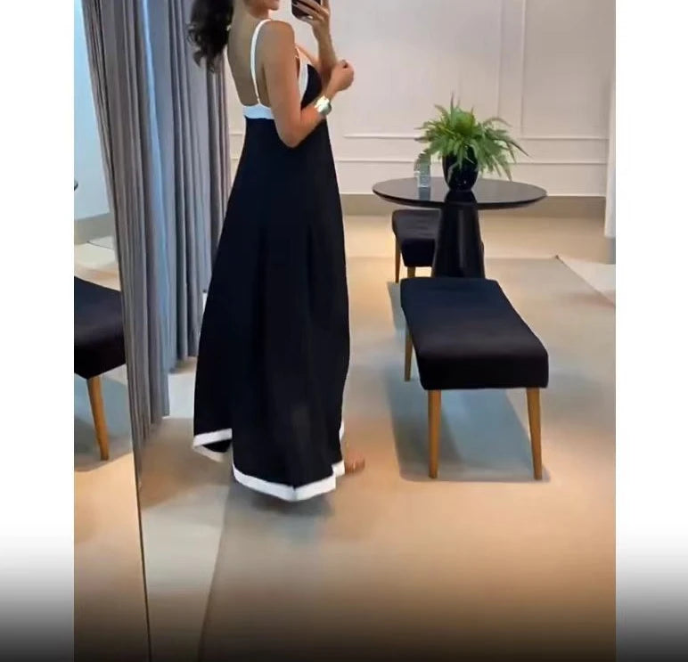 Women's Dress 2024 Summer Women's Clothing Fashion Elegant V-neck Casual Black and White Contrast Sleeveless Loose Long Dresses