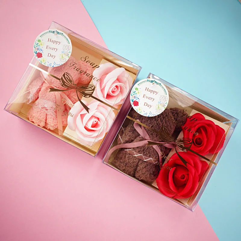 1pcs Towel Bear Soap Flower Gift Rose Box Red Soap Rose Flower Artificial Roses Flower Valentine's Day Wedding Birthday Gift Box