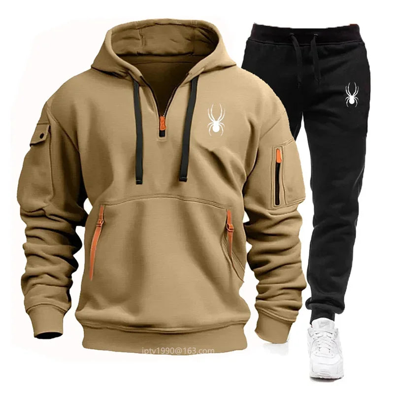 Men's new autumn and winter multi-pocket zipper long-sleeved hoodie + sports and leisure pants two-piece fitness jogging suit