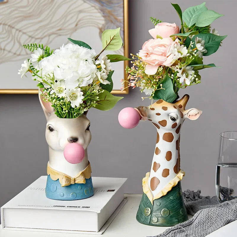 Dried Flower Vase Living Room Table Art Home Decor FlowerPot Hand Painting Giraffe Zebra Panda Creative Modern Animal Resin Vase