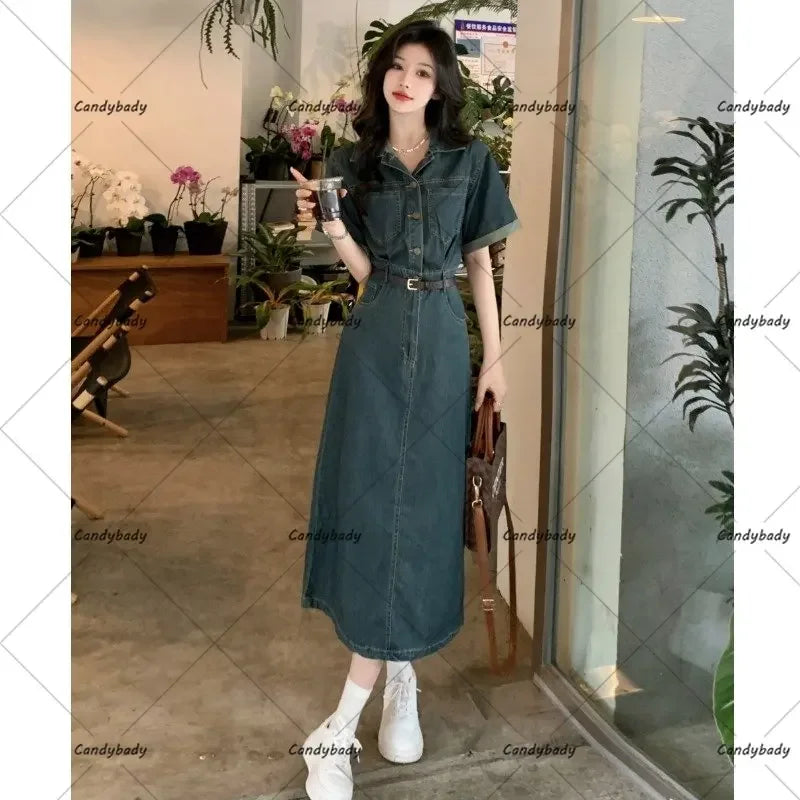 Retro Hong Kong style cowboy dress summer niche design high-end temperament French short-sleeved long skirt women's clothing