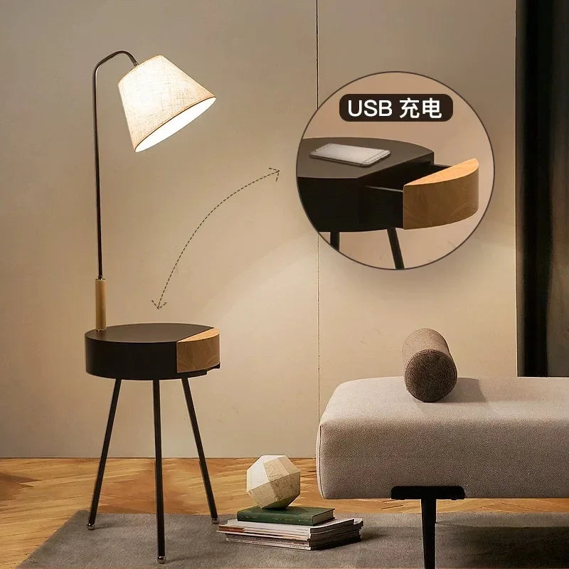 Floor Bedside Table Living Room Sofa and Tea Table Storage Rack USB Charging with Drawer Integrated Floor Lamp Vertical Table