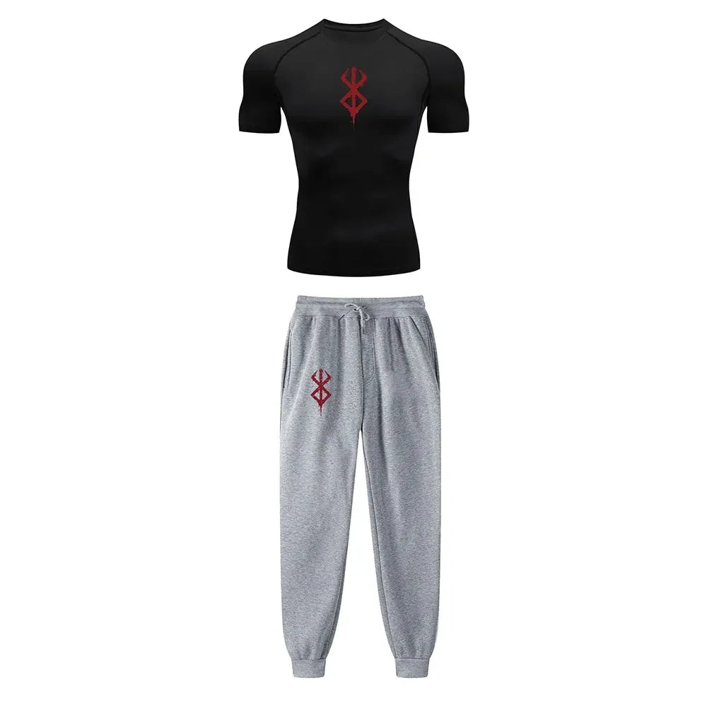 Anime Compression Set Berserk Guts Print Performance GYM Set Men's Athletic Workout Quick Dry Shirts+Sweatpants Unisex Sportwear