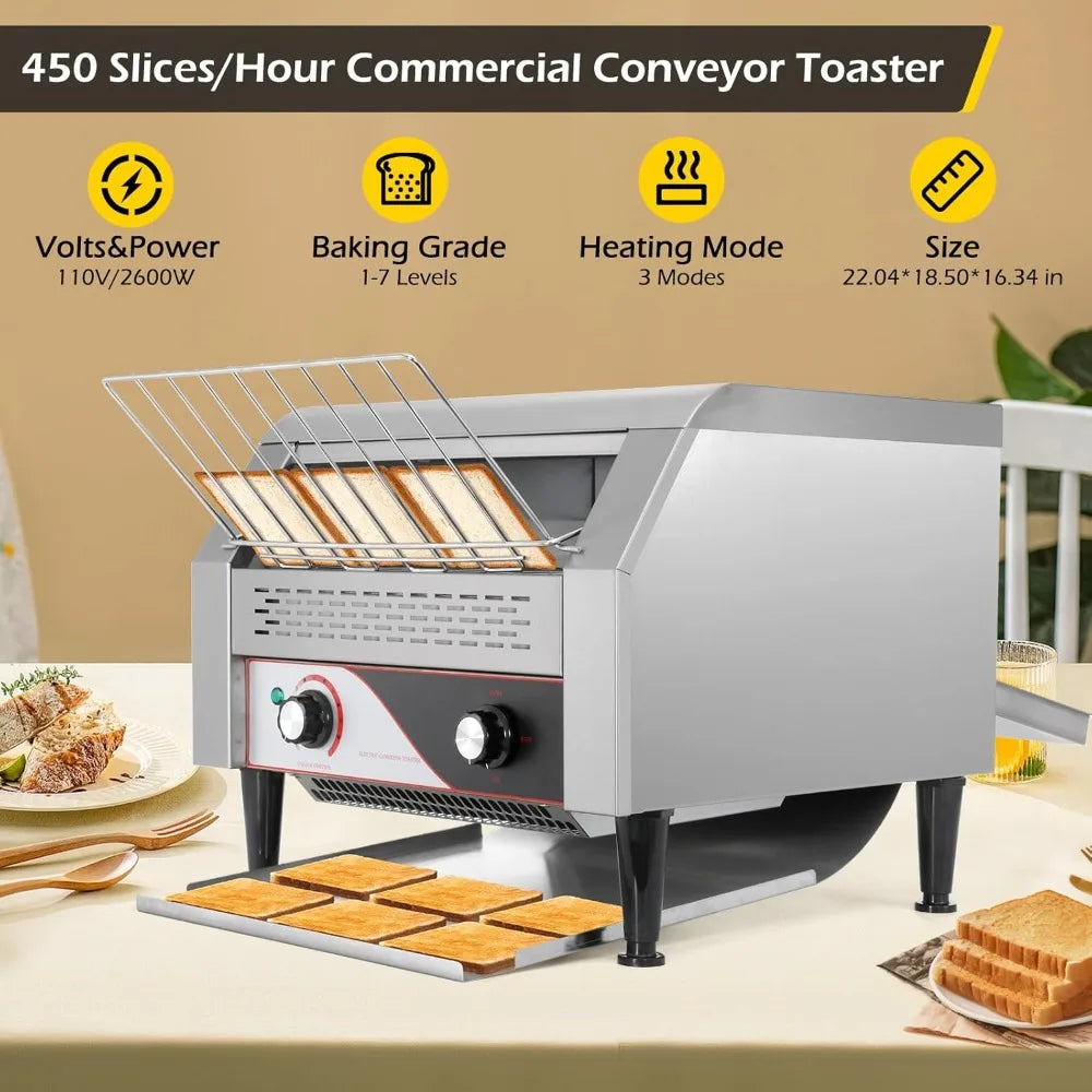 Commercial Toaster 450 Slices/Hour Conveyor Toasters for Restaurant 2600W Conveyor Belt Toaster Oven for Bagel Bread