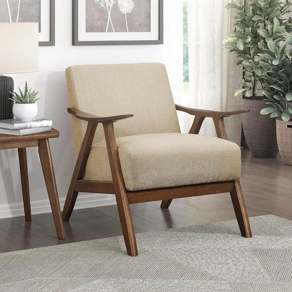 Mid Century Modern Accent Chair with Solid Wood Frame in Walnut Finish, Upholstered Living Room Lounge Arm Chair