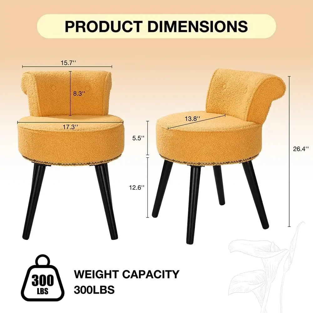 Sherpa Vanity Chair with Back Small Makeup Chair with Wood Legs Sherpa Vanity Stool Tufted Accent Chairs (Yellow)